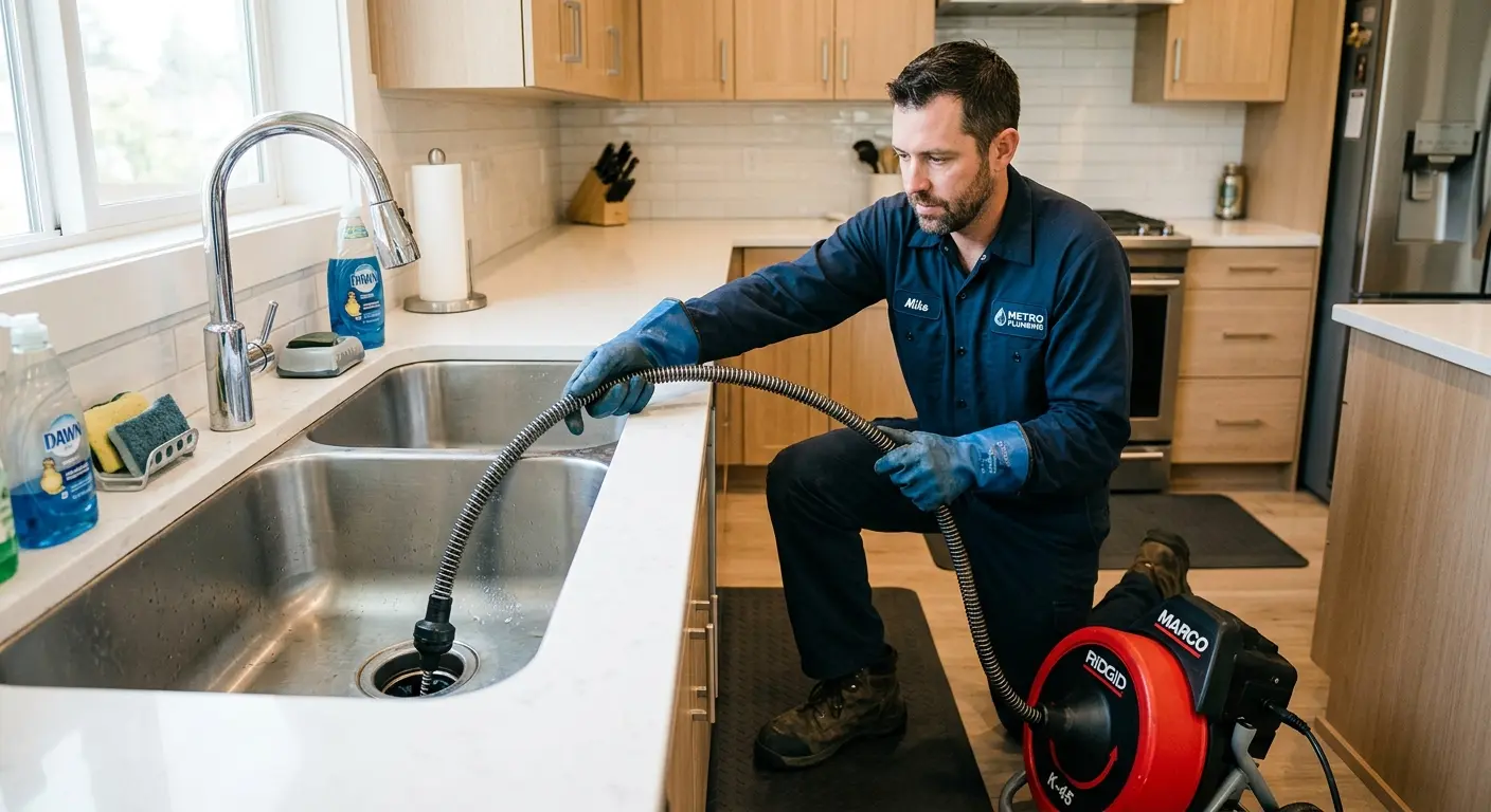 Drain cleaning technician using a motorized snake on a kitchen sink in Buena Park