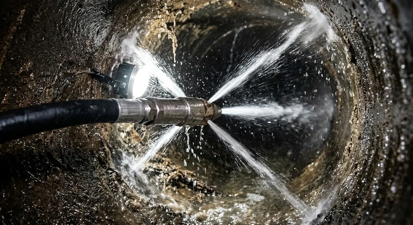 High-pressure hydro jetting nozzle cleaning sewer pipe for Trenchless Sewer Repair in Buena Park