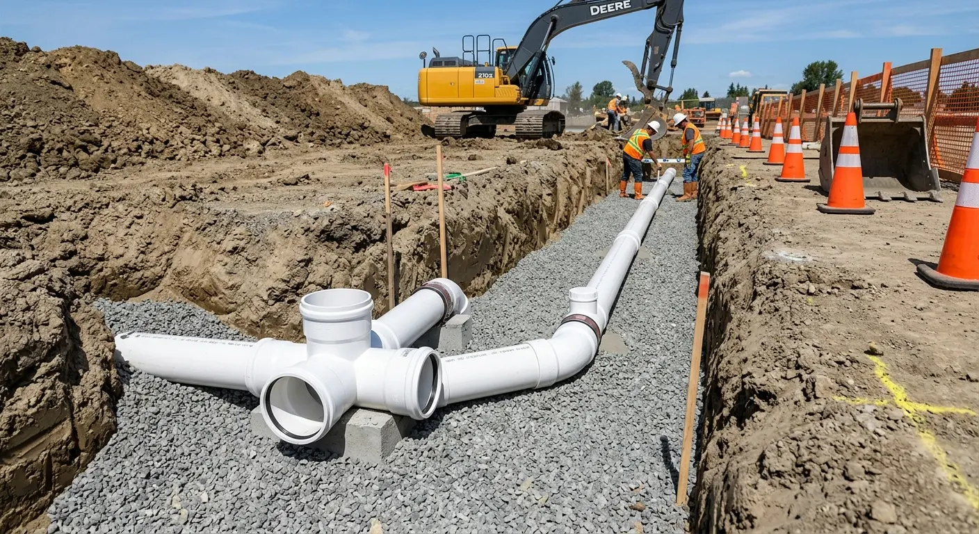 New PVC sewer pipe installation in open trench for Sewer Backup in Buena Park