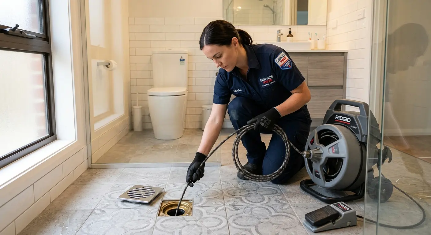 Technician clearing a bathroom floor drain for Drain Cleaning in Buena Park